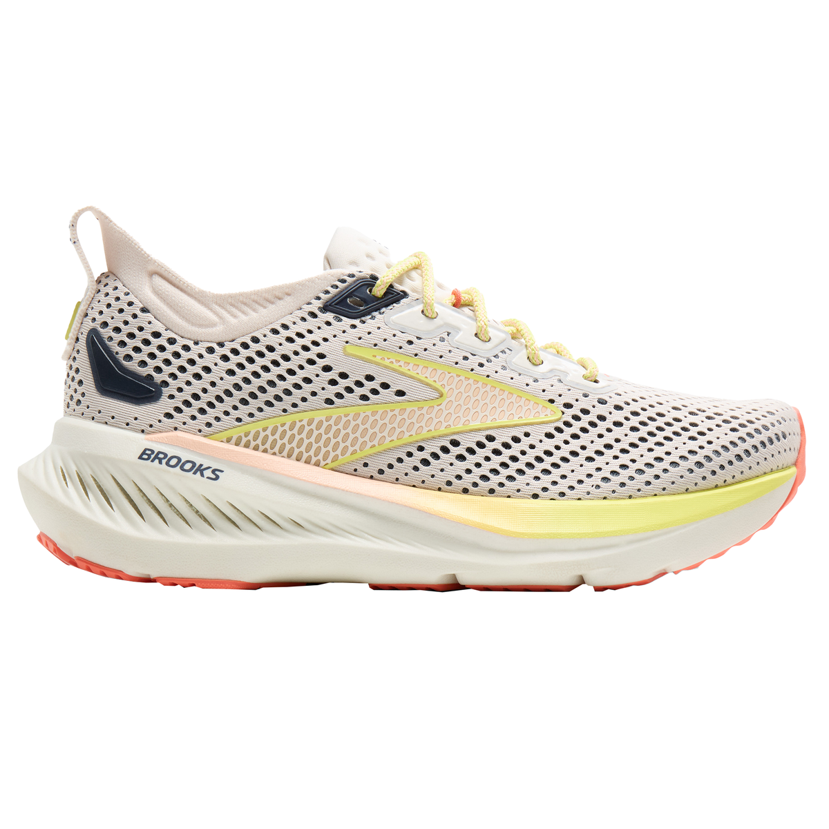Side view on white background of Womens Brooks Glycerin 23 running shoe in Pastel/Quince/Indigo, Medium (Regular) width