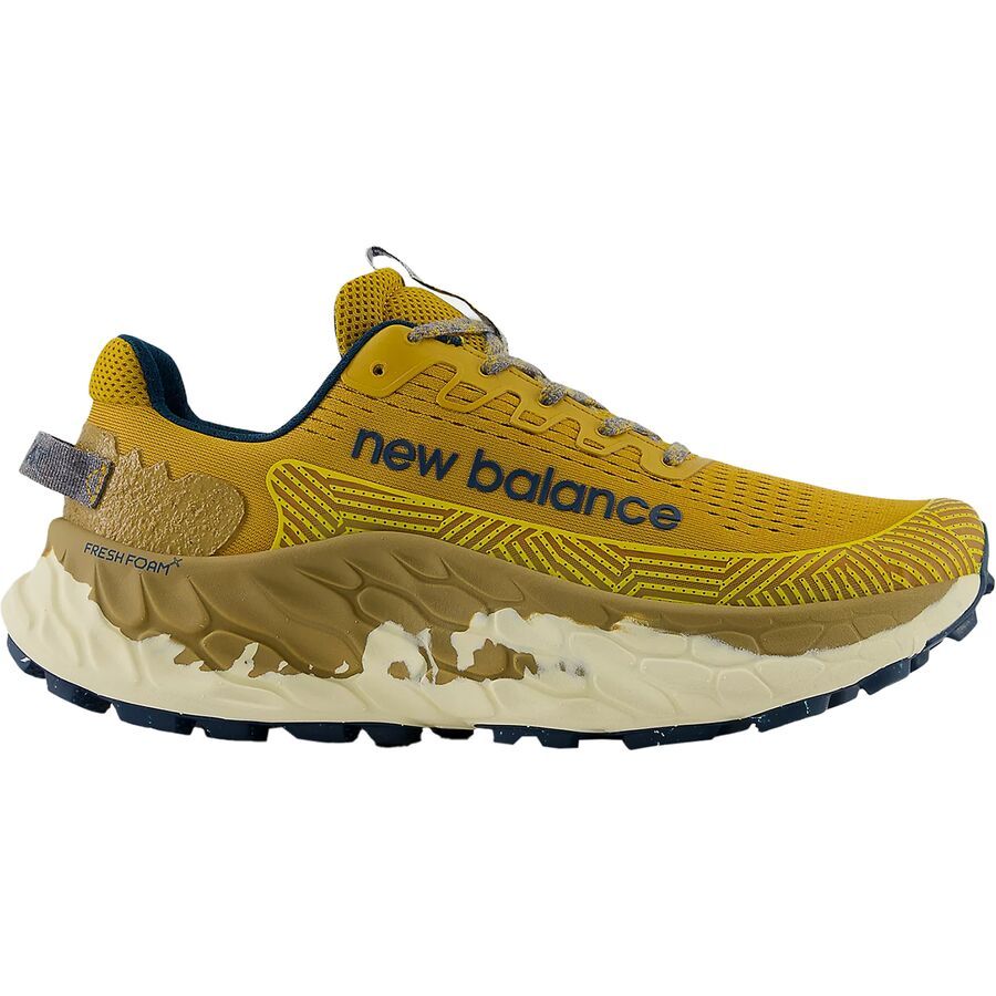 Side view on white background of Mens New Balance Fresh Foam X Trail More v3 running shoe in Butterscotch/Deep Sea/Plains, Extra Wide width