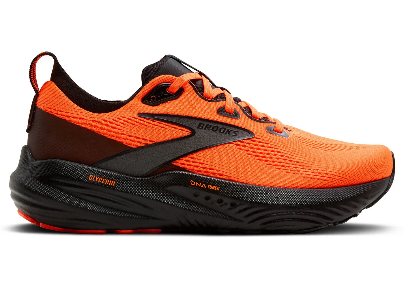 Side view on white background of Mens Brooks Glycerin 22 running shoe in Orange/Black, Medium (Regular) width