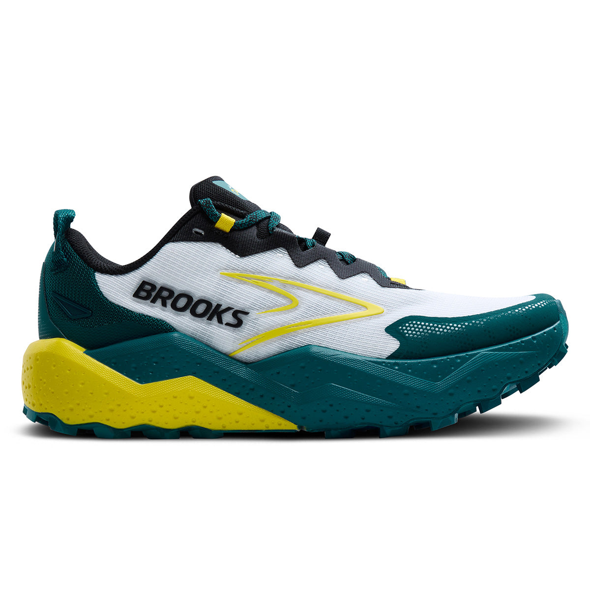 Side view on white background of Mens Brooks Caldera 8 running shoe in Bit of Blue/Quince/Celestial, Medium (Regular) width