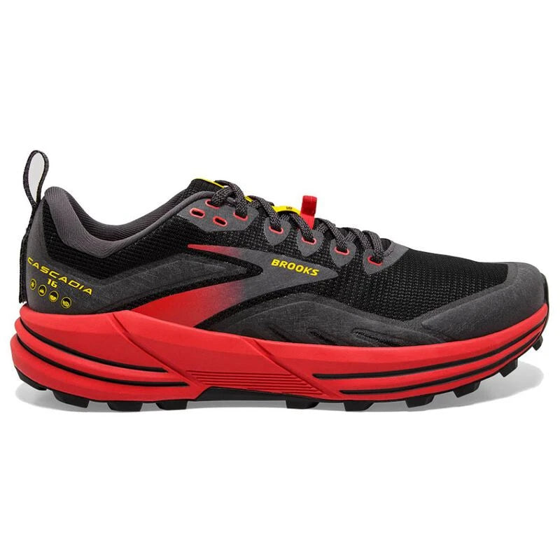 Men's Brooks Cascadia 16, Black/Fiery Red/Blazing Yellow, 9.5 D Medium