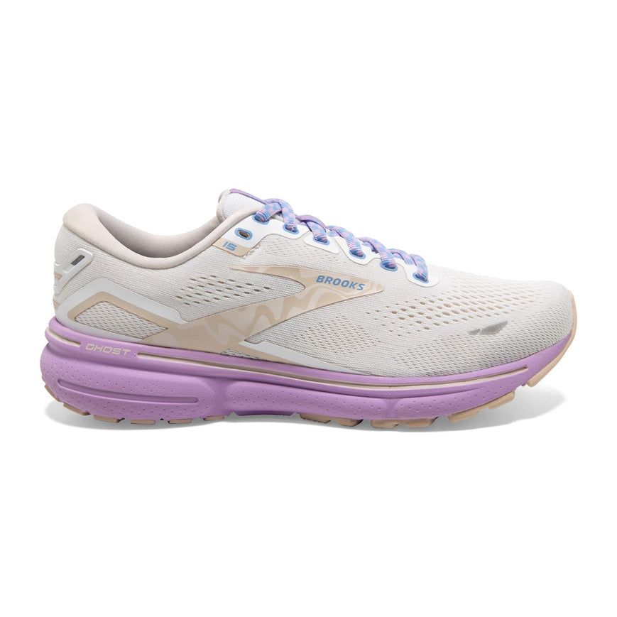 Women's Brooks Ghost 15, White/Parchment/Lavendula, 8.5 D Wide