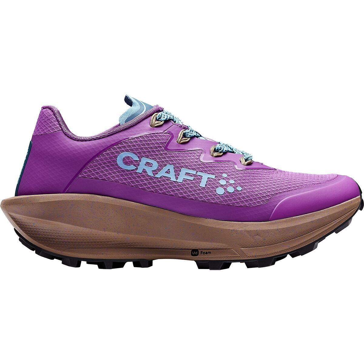Side view on white background of Womens Craft CTM Ultra Trail running shoe in Cassius/Tide, Medium (Regular) width