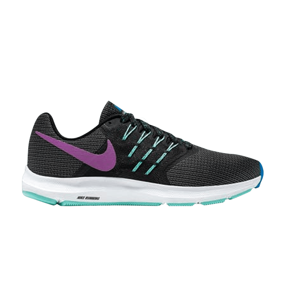 Side view on white background of Womens Nike Swift 2 running shoe in Black/Vivid Purple-Light Aqua-Photo Blue, Medium (Regular) width