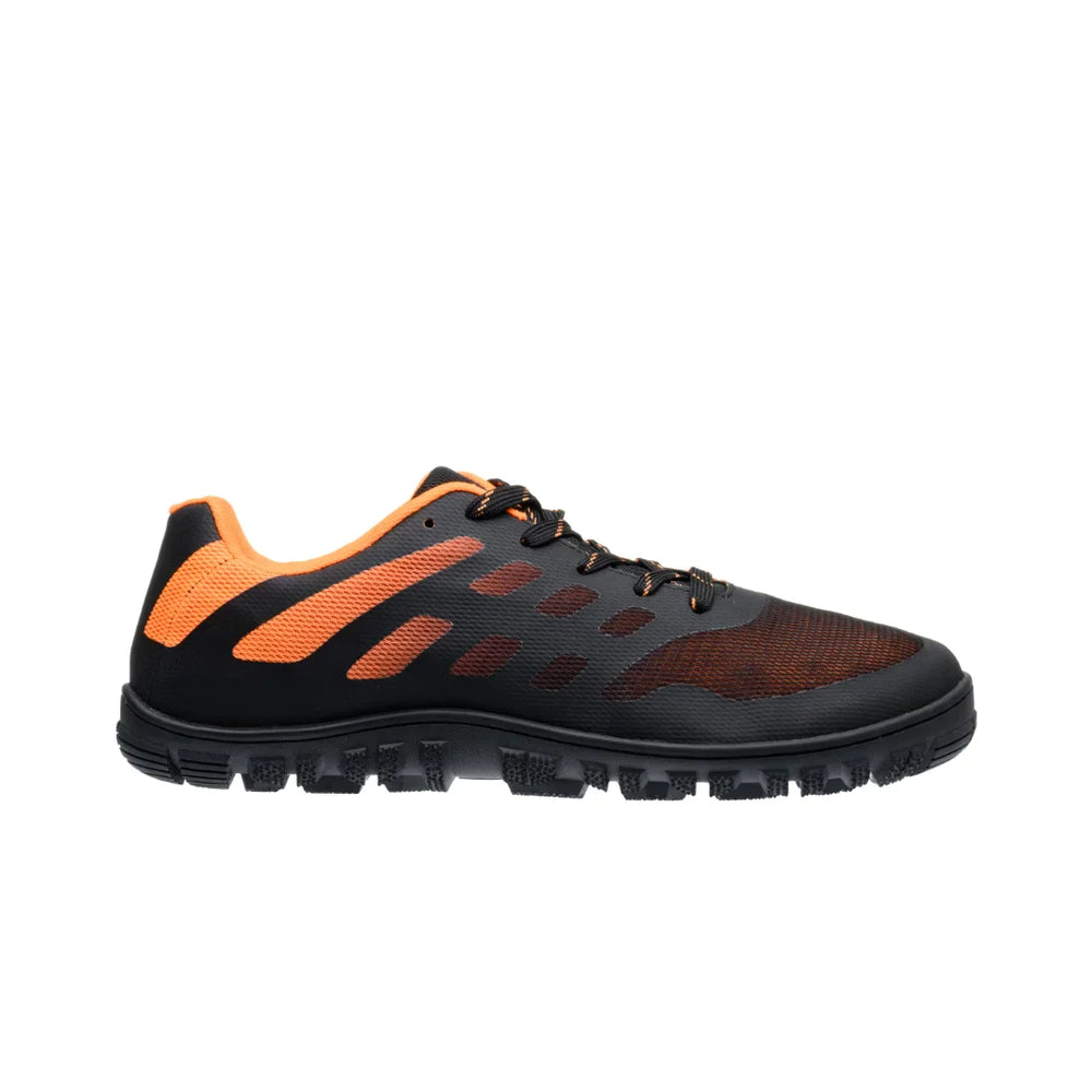 Side view on white background of Mens Freet Calver running shoe in Orange/Black, Medium (Regular) width