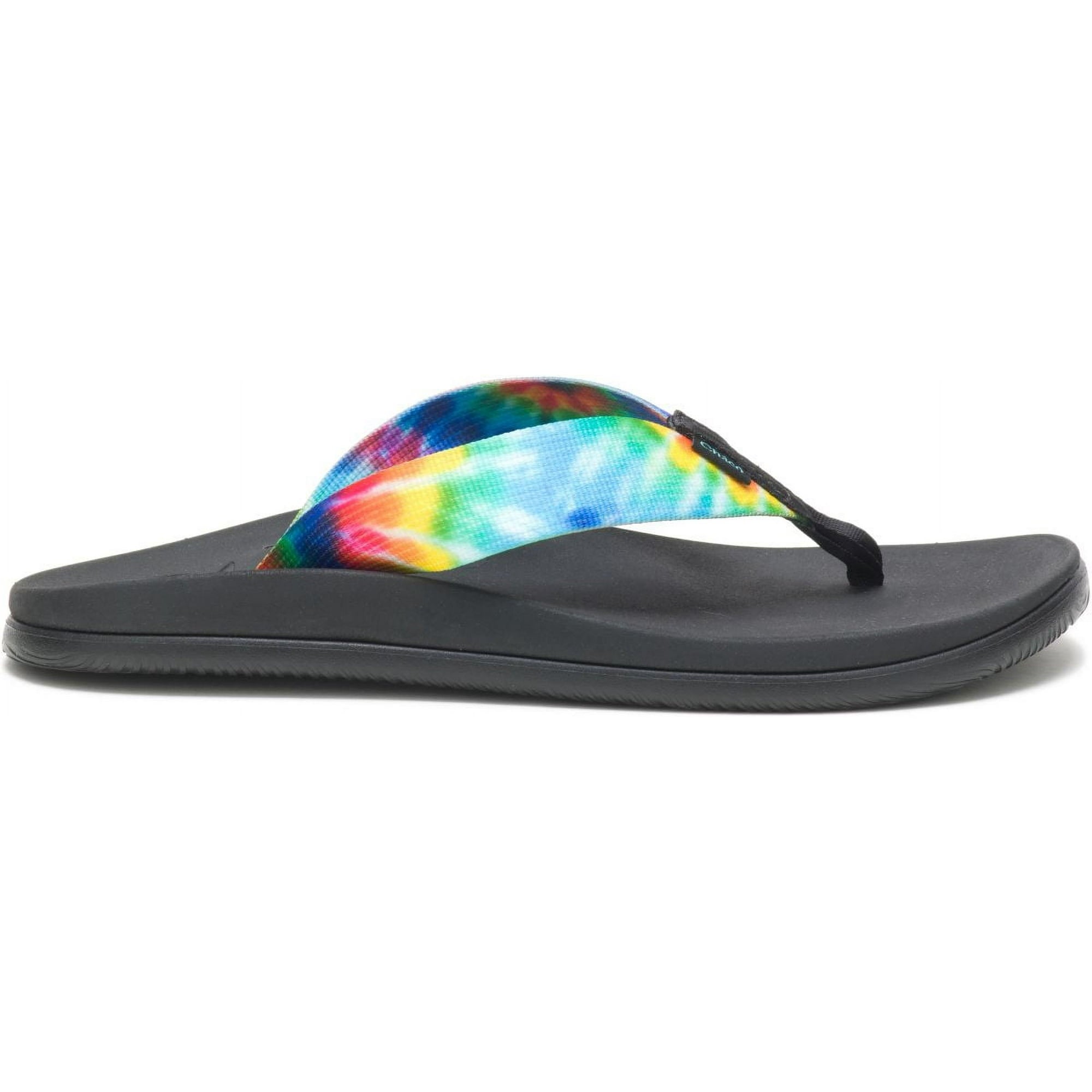 Side view on white background of Womens Chaco Chillos Flip running shoe in Dark Tie Dye, Medium (Regular) width
