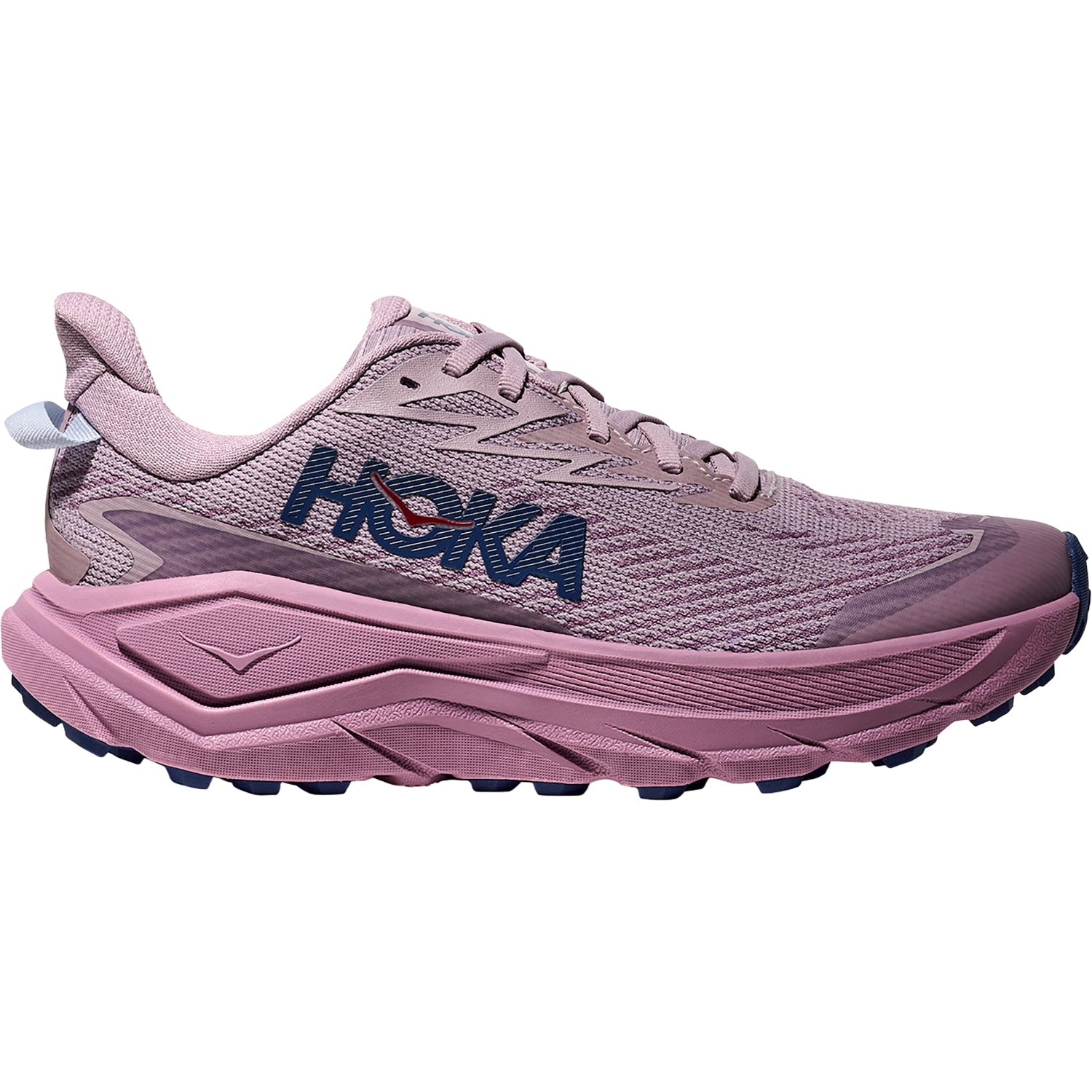 Side view on white background of Womens Hoka Challenger 8 GTX running shoe in Fragrant Lilac/Berry Mauve, Medium (Regular) width