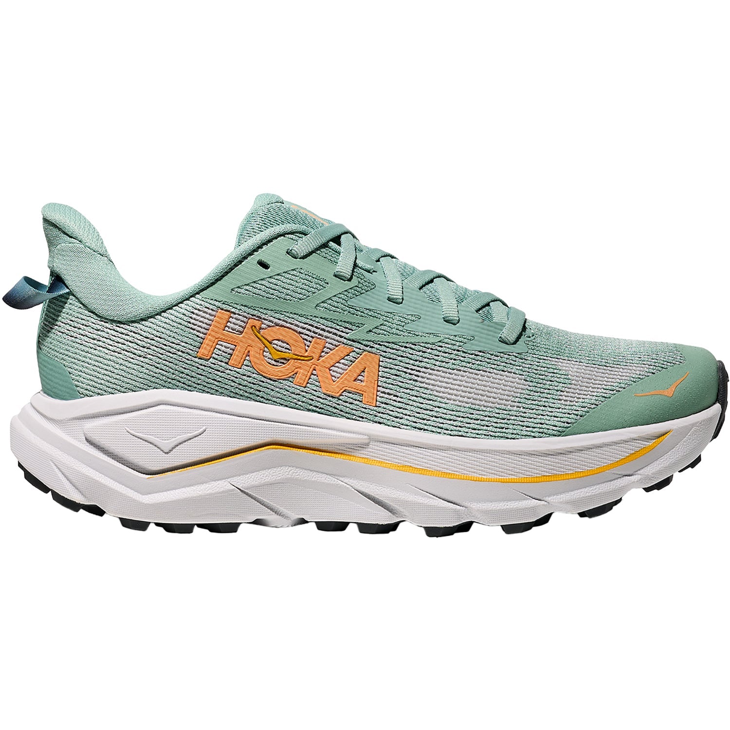 Side view on white background of Womens Hoka Challenger 8 running shoe in Jade/Cosmic Grey, Medium (Regular) width