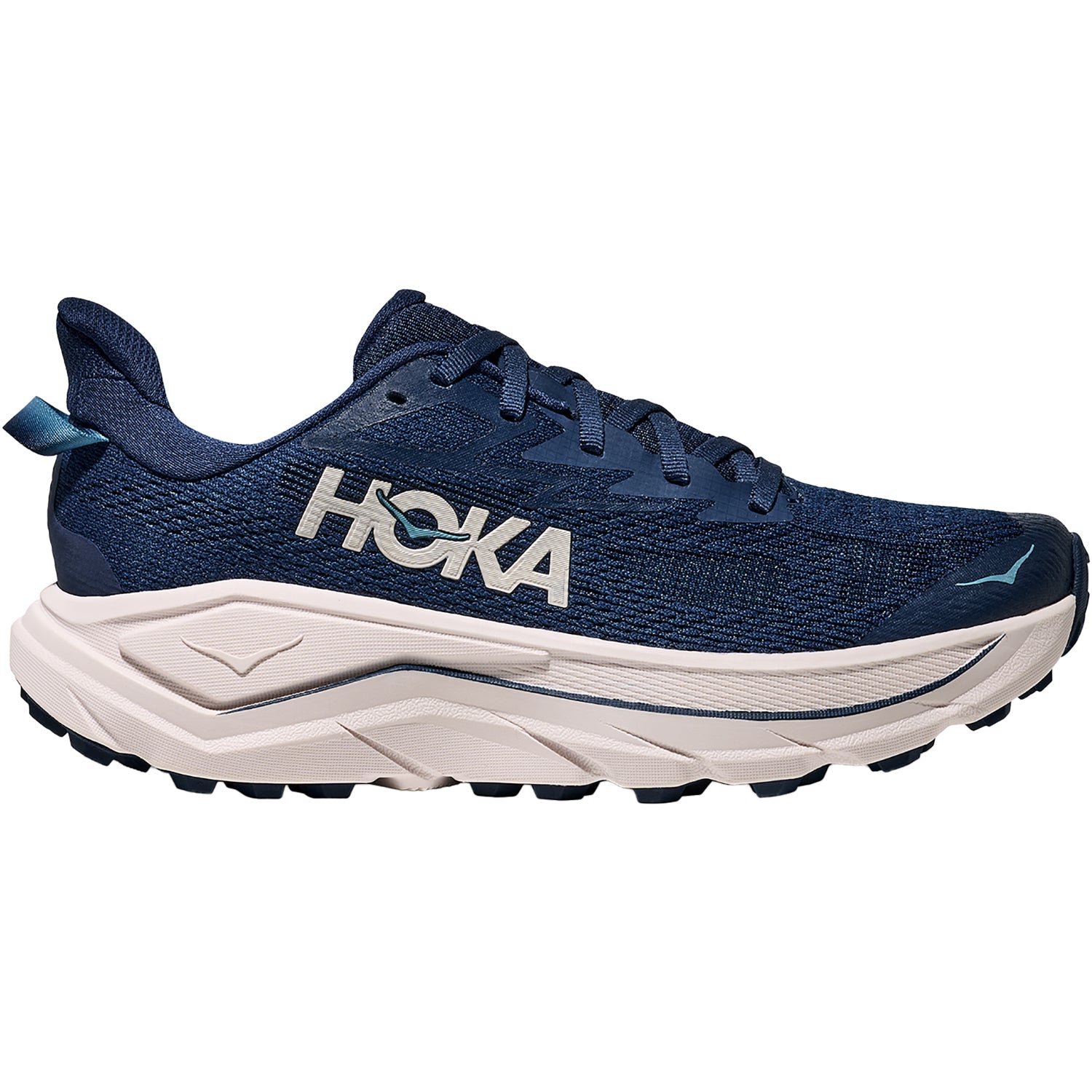 Side view on white background of Womens Hoka Challenger 8 running shoe in Midnight Blue/Grout, Wide width