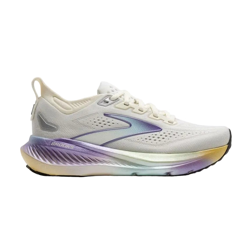 Side view on white background of Womens Brooks Glycerin 23 running shoe in Coconut/Citron/Blue Glow, Medium (Regular) width