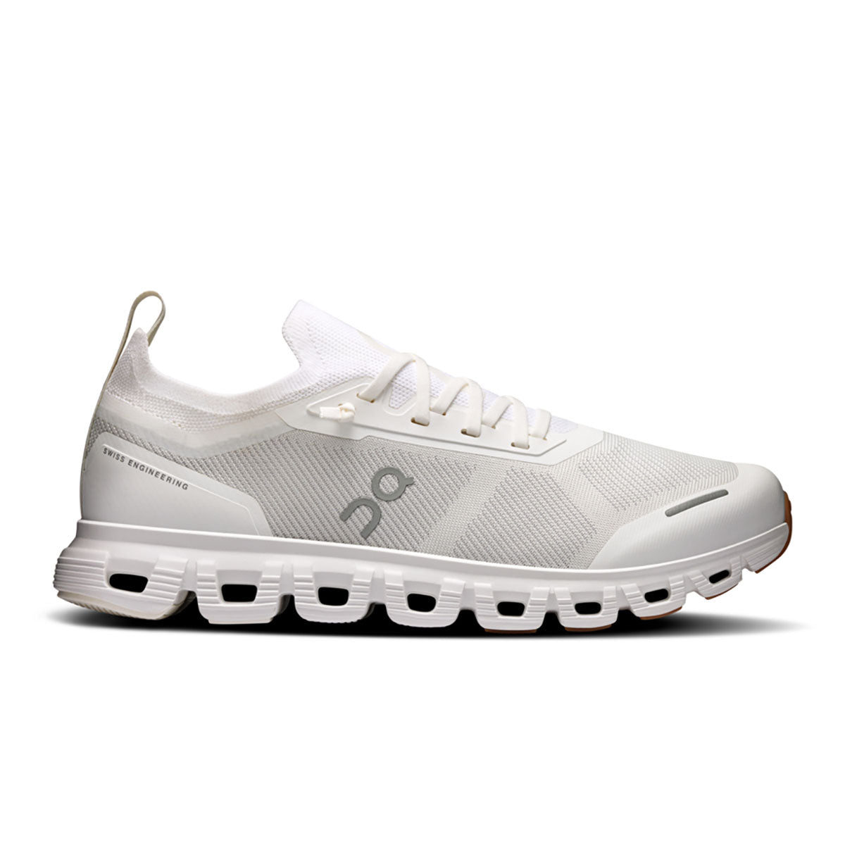 Side view on white background of Mens On Cloud 6 Versa running shoe in White/White, Medium (Regular) width