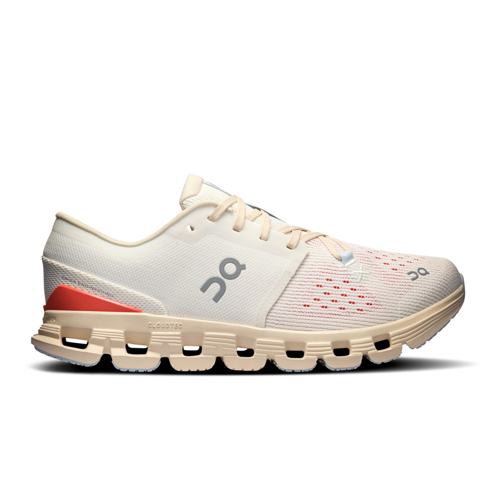 Side view on white background of Womens On Cloud X 4 running shoe in Ivory/Salmon, Medium (Regular) width