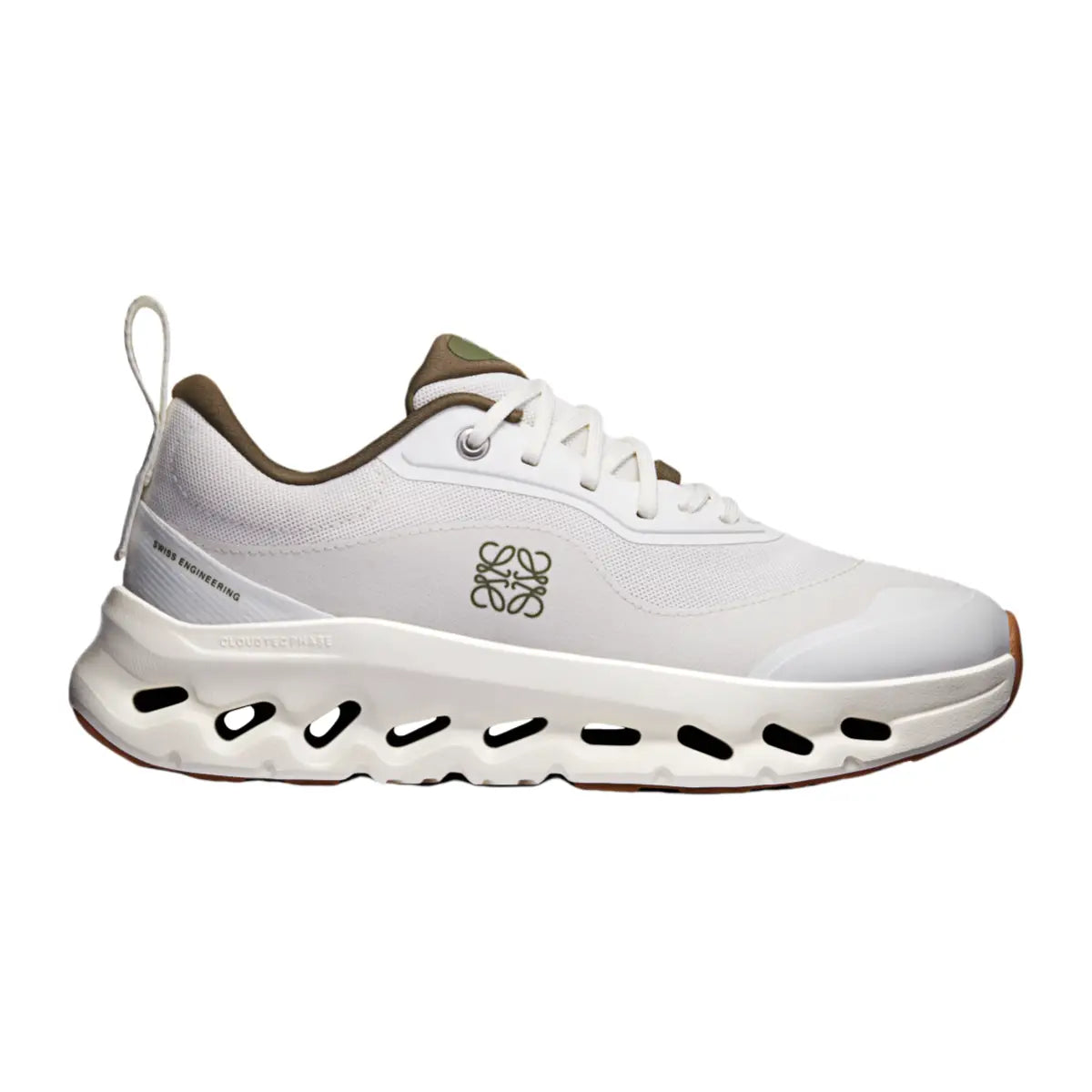 Side view on white background of Womens On Cloudtilt LOEWE 2 running shoe in White/Khaki, Medium (Regular) width