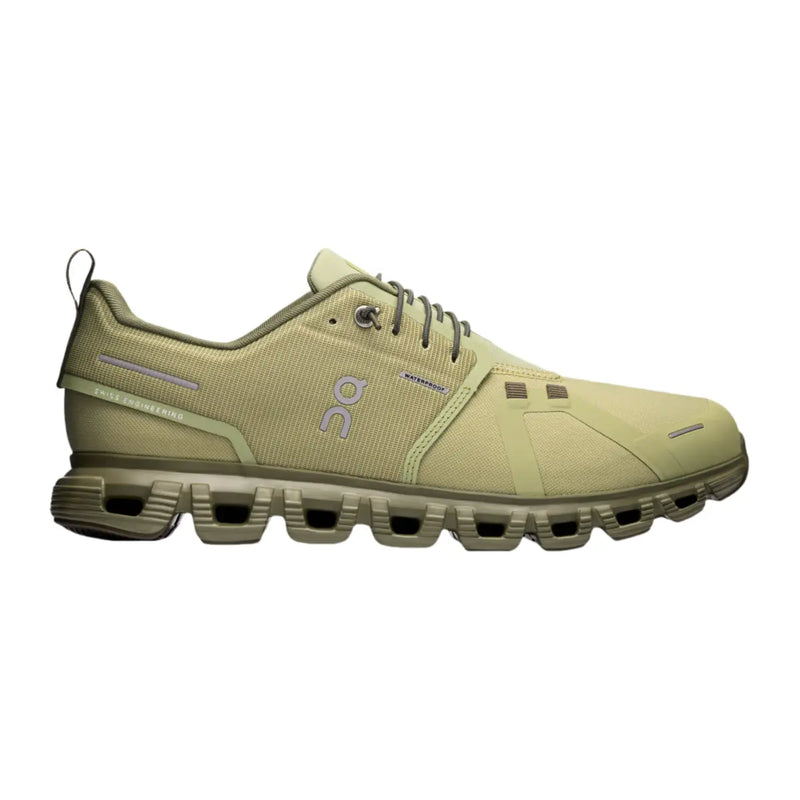 Side view on white background of Mens On Cloud 6 Waterproof running shoe in Caper/Grove, Medium (Regular) width