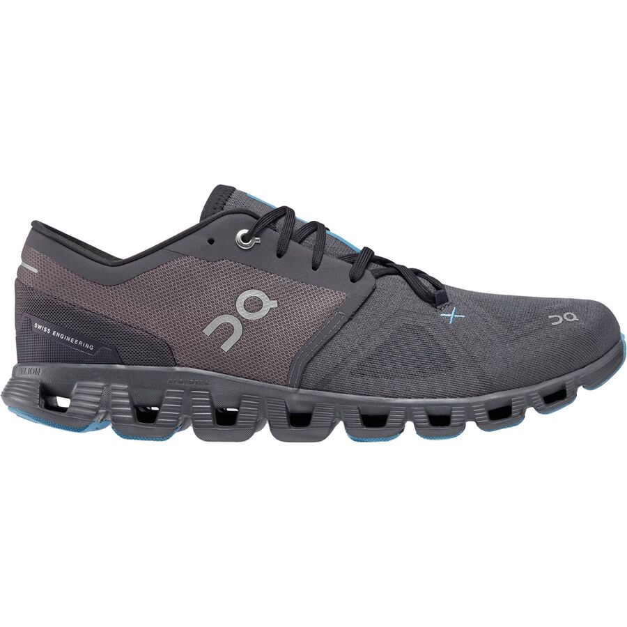 Side view on white background of Mens On Cloud X 3 running shoe in Eclipse/Magnet, Medium (Regular) width