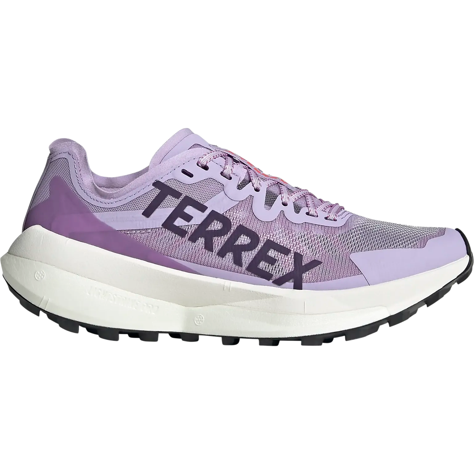 Side view on white background of Womens Adidas Terrex Agravic Speed running shoe in Powplu/Aurplu/Lucred, Medium (Regular) width