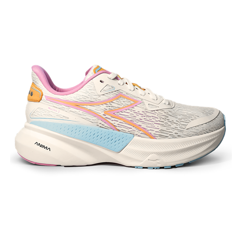 Side view on white background of Mens Diadora Nucleo 2 running shoe in Whisper White/Maroon Banner, Medium (Regular) width