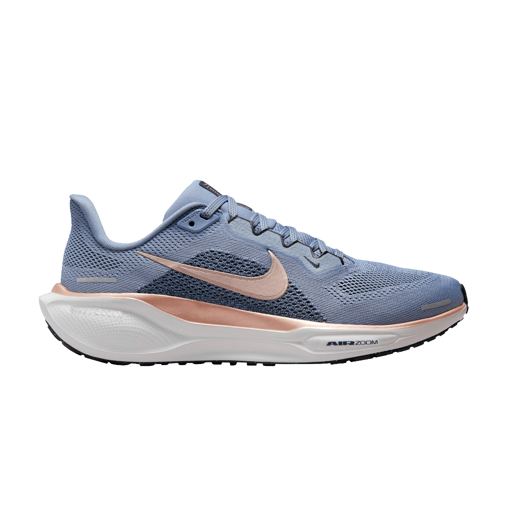 Side view on white background of Womens Nike Pegasus 41 running shoe in Ashen Slate/Mtlc Red Bronze-Armory Navy, Medium (Regular) width