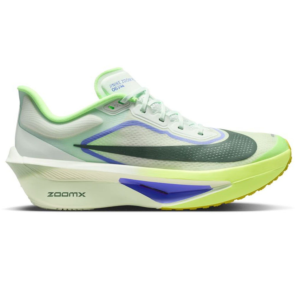Side view on white background of Mens Nike Zoom Fly running shoe in Barely Green/Black Spruce/Volt Ice, Medium (Regular) width