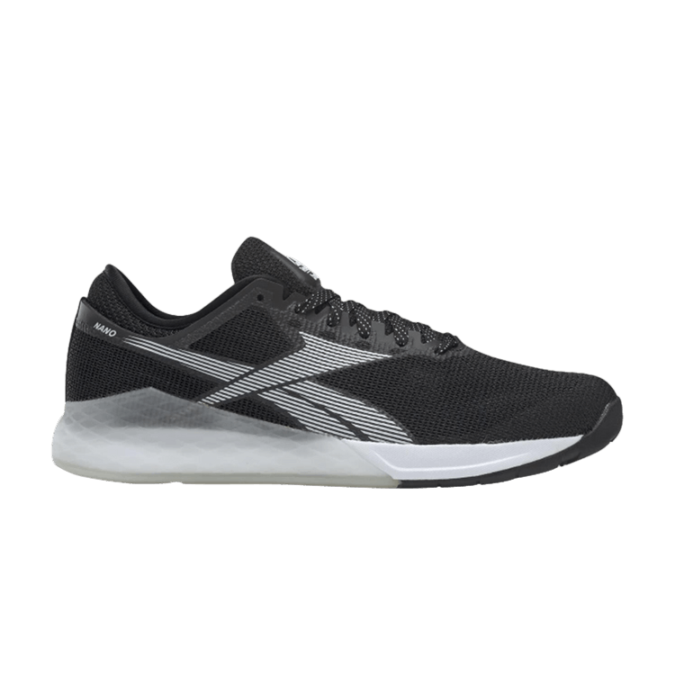 Side view on white background of Mens Reebok Nano 9 running shoe in Black/White/Silver, Medium (Regular) width