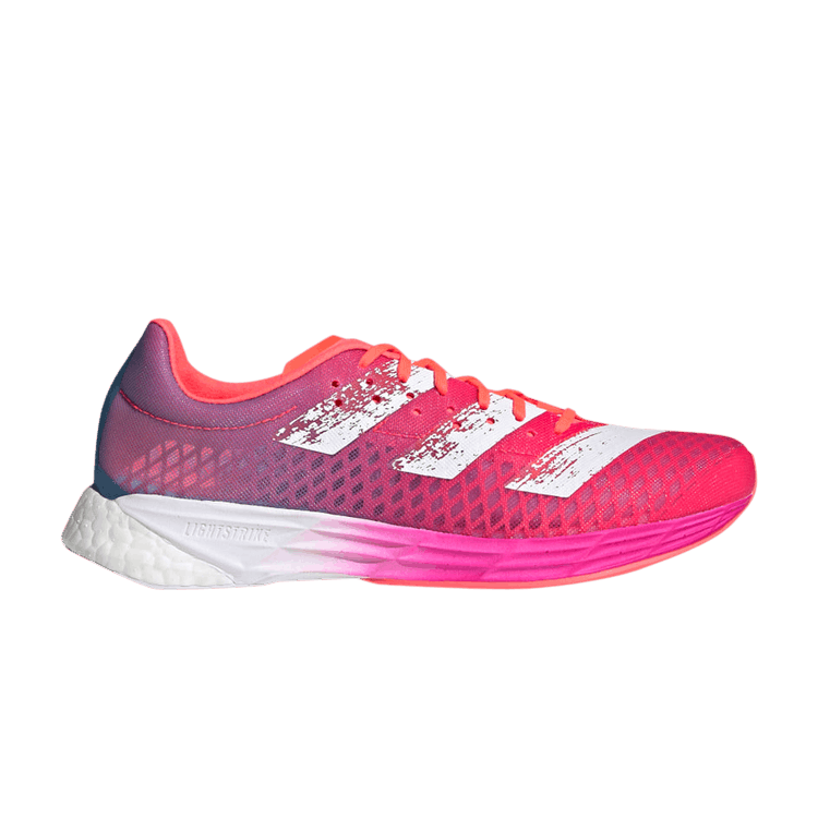 Side view on white background of Mens Adidas Adizero Pro running shoe in Signal Pink/Cloud White/Shock Pink, Medium (Regular) width