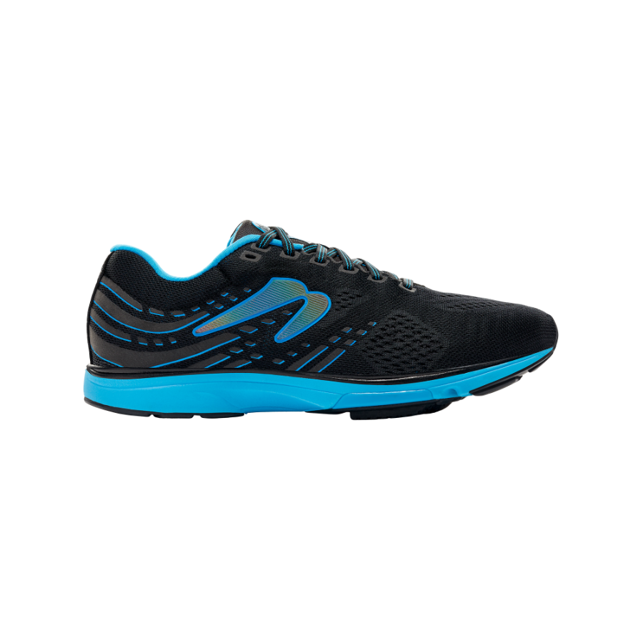Side view on white background of Mens Newton Running Fate 9 B running shoe in Black/Blue, Medium (Regular) width