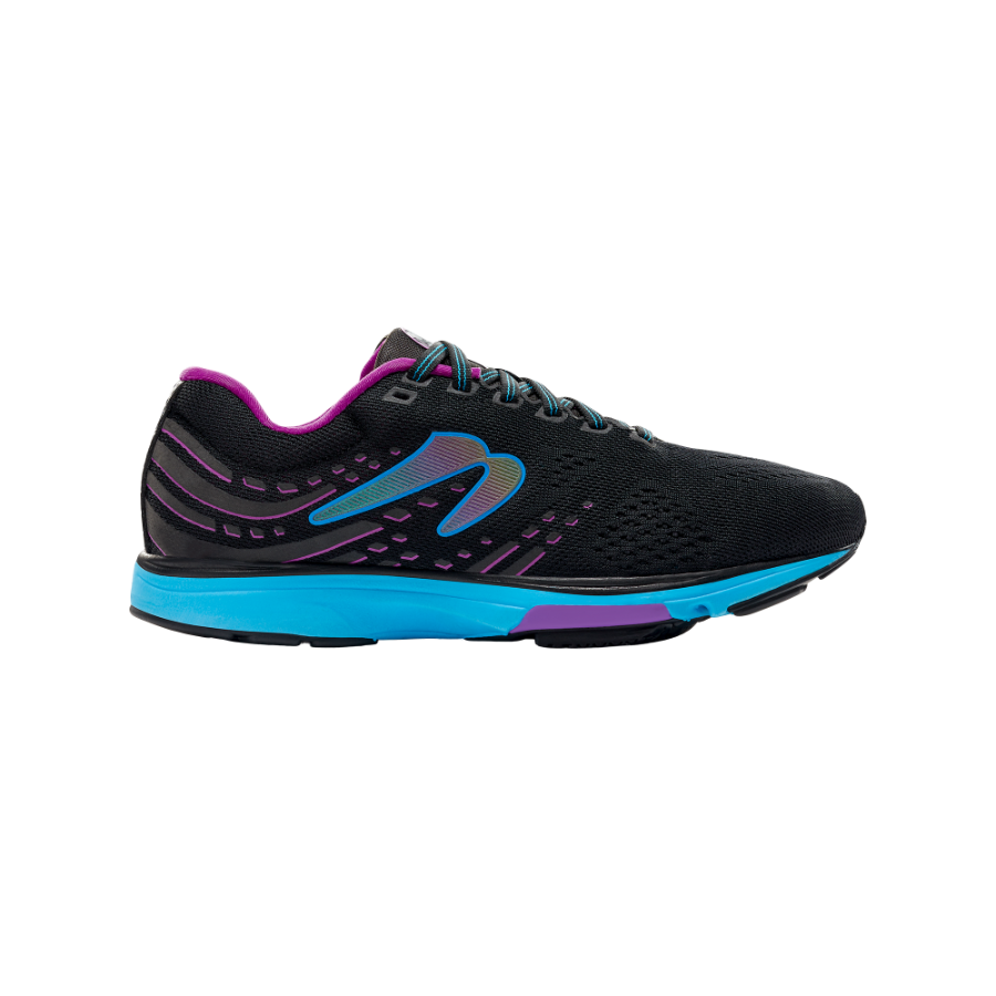 Side view on white background of Womens Newton Running Fate 9 B running shoe in Ebony/Aqua, Medium (Regular) width