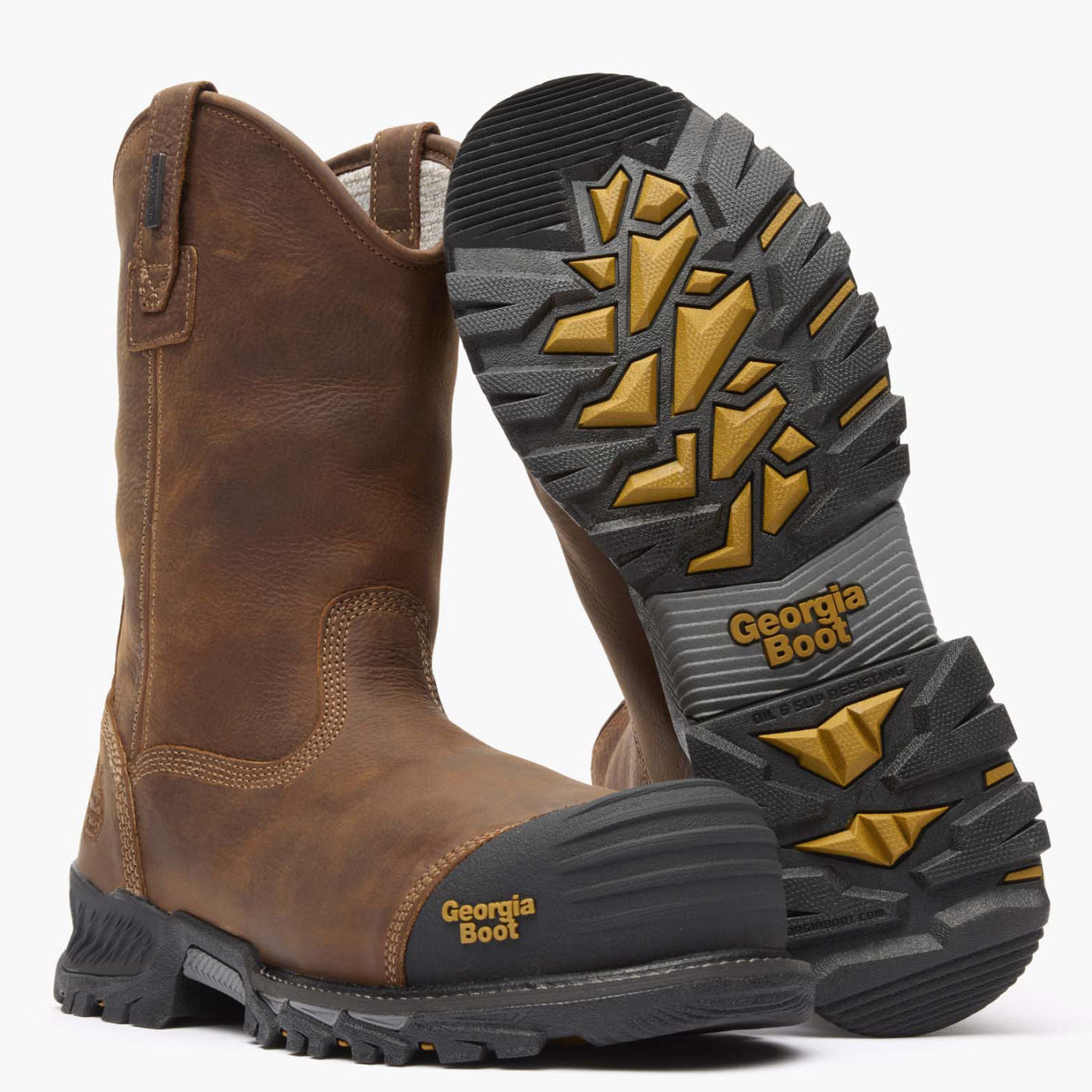Side view on white background of Mens Georgia Boot Rumbler Pull-On running shoe in Black/Brown, Wide width