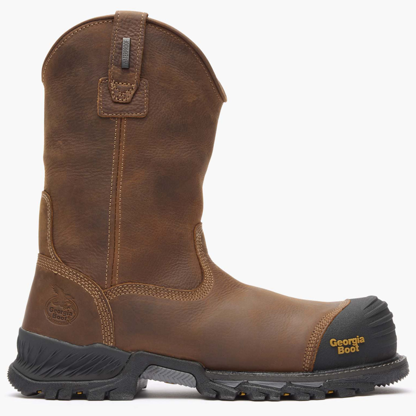 Side view on white background of Mens Georgia Boot Rumbler Pull-On running shoe in Black/Brown, Medium (Regular) width