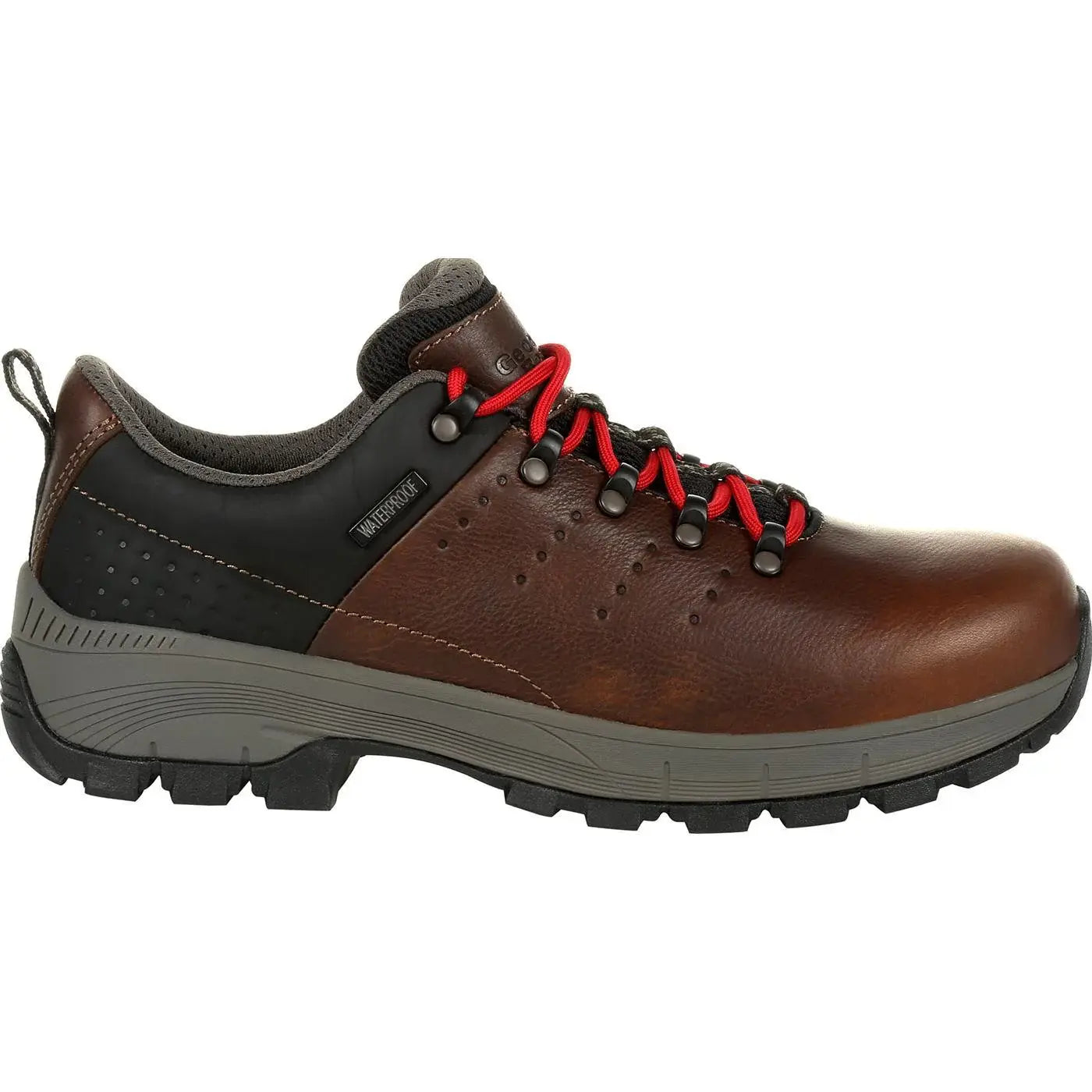 Side view on white background of Mens Georgia Boot Eagle Trail Oxford running shoe in Brown/Black, Medium (Regular) width