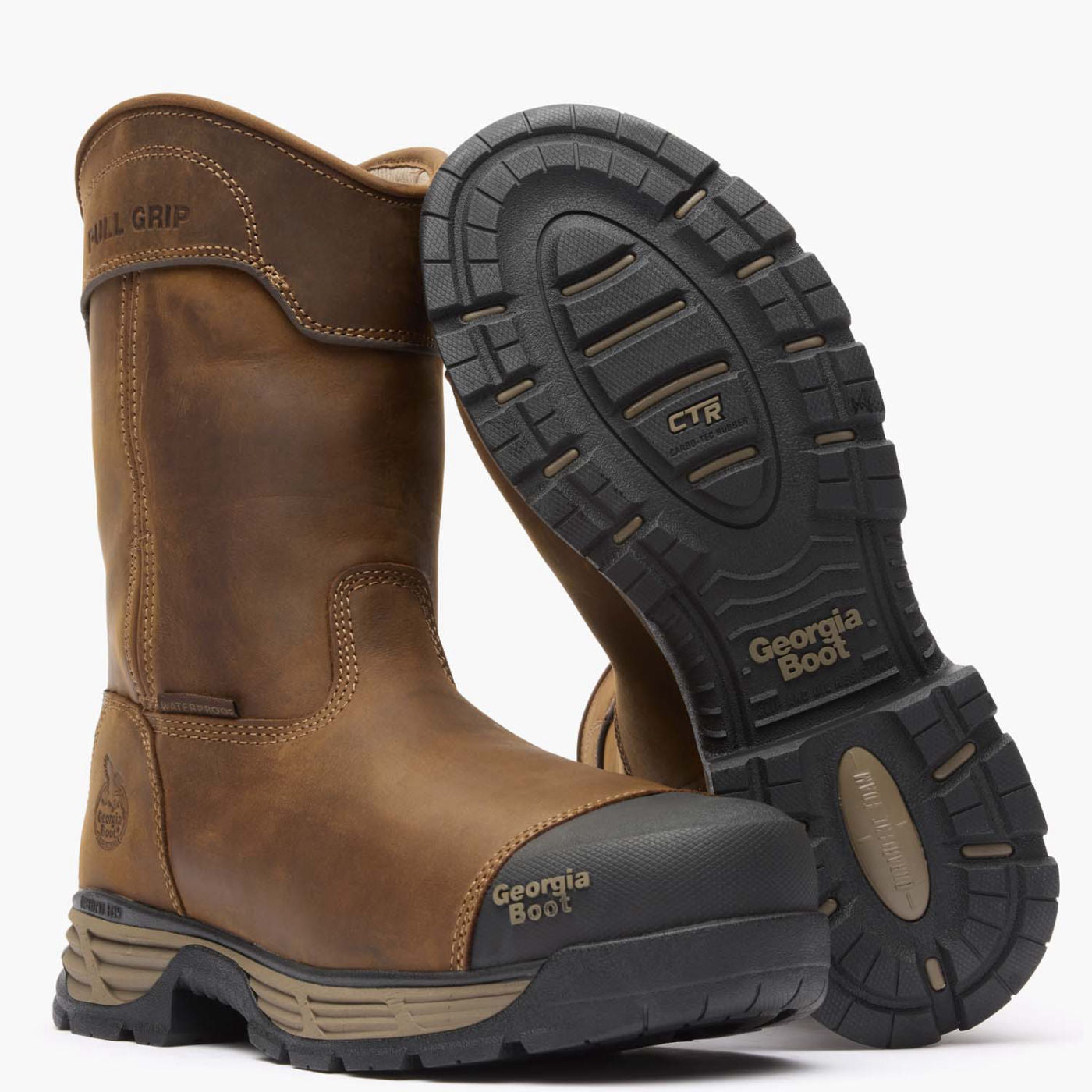 Bottom view showing slip-resistant rubber outsole with deep lug traction pattern on a white background.
