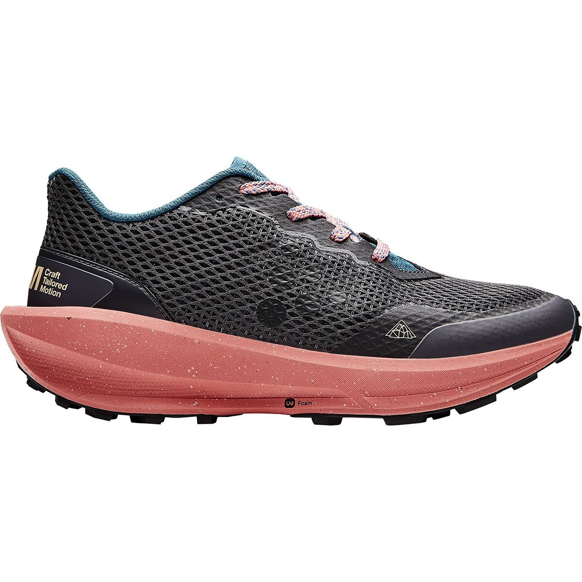 Side view on white background of Womens Craft CTM Ultra Trail running shoe in Granite/Coral, Medium (Regular) width