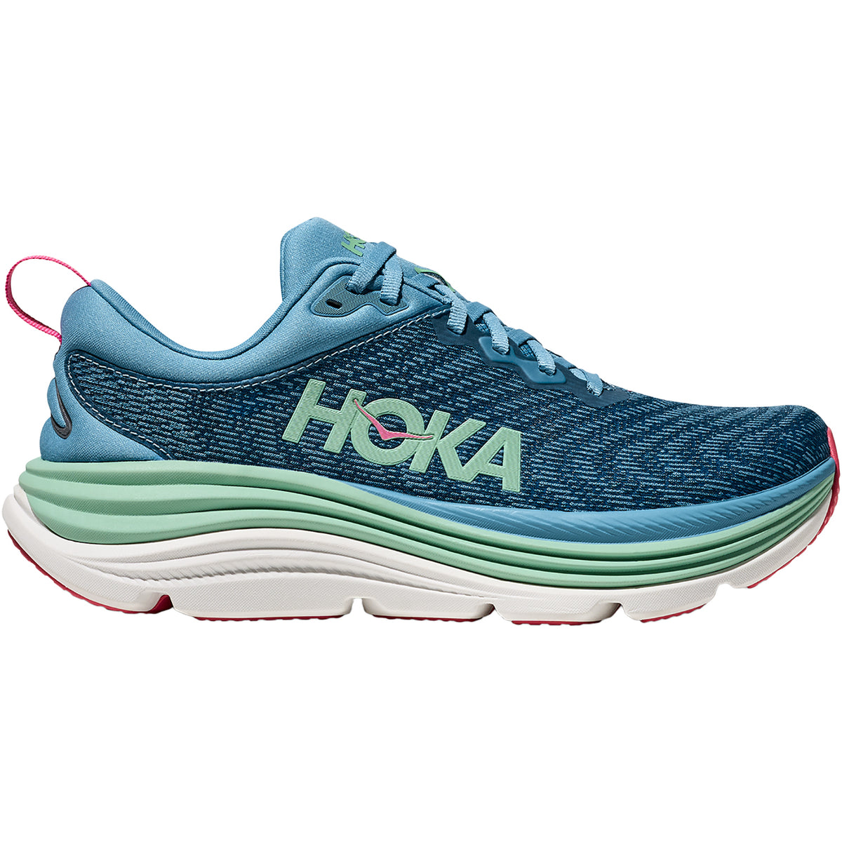 Side view on white background of Women's Hoka Gaviota 5 running shoe in Alpine/Jadeite, Medium (Regular) width