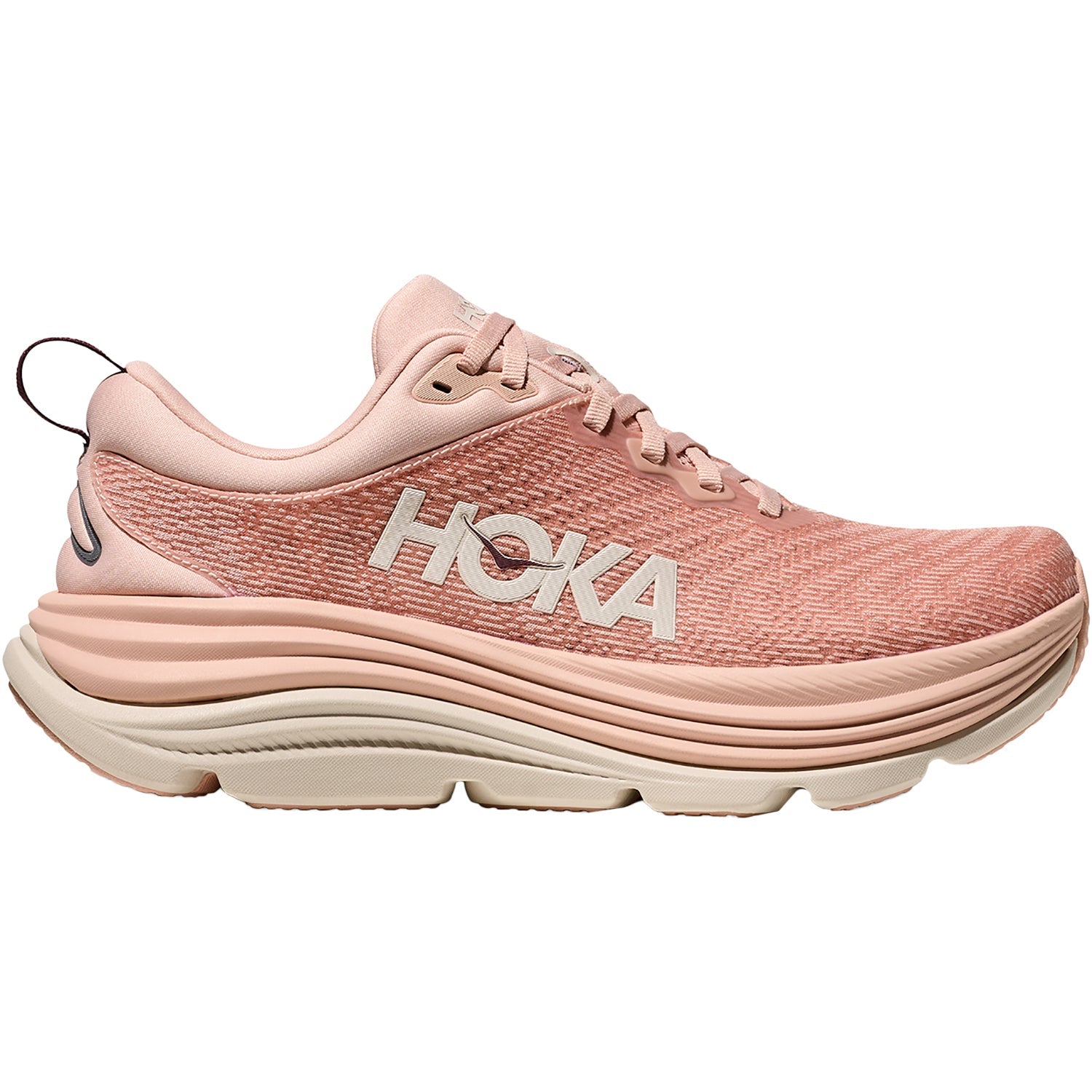 Side view on white background of Womens Hoka Gaviota 5 running shoe in Rose Latte/Rose Cream, Medium (Regular) width