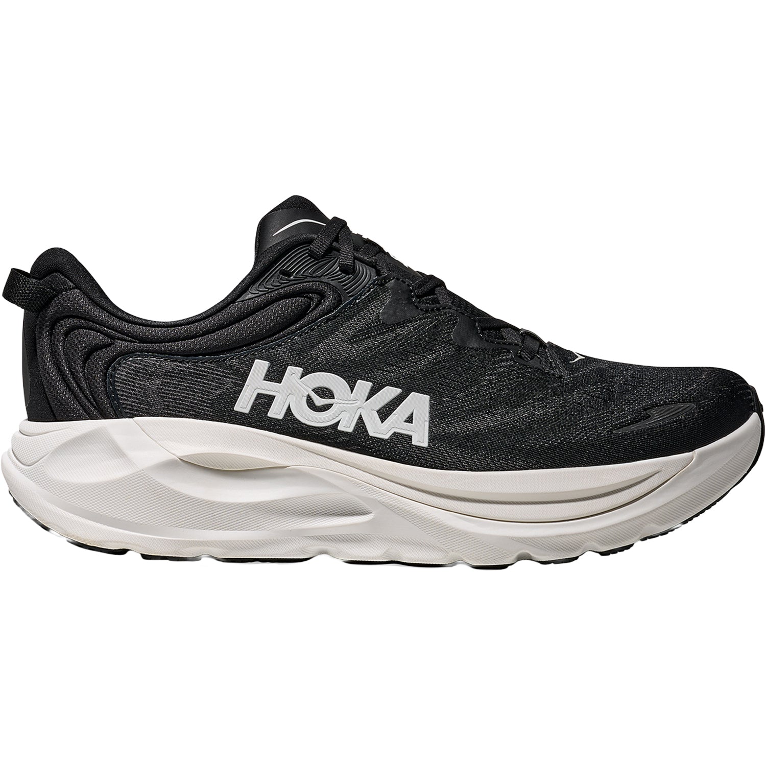 Side view on white background of Mens Hoka Gaviota 6 running shoe in Black/White, Extra Wide width