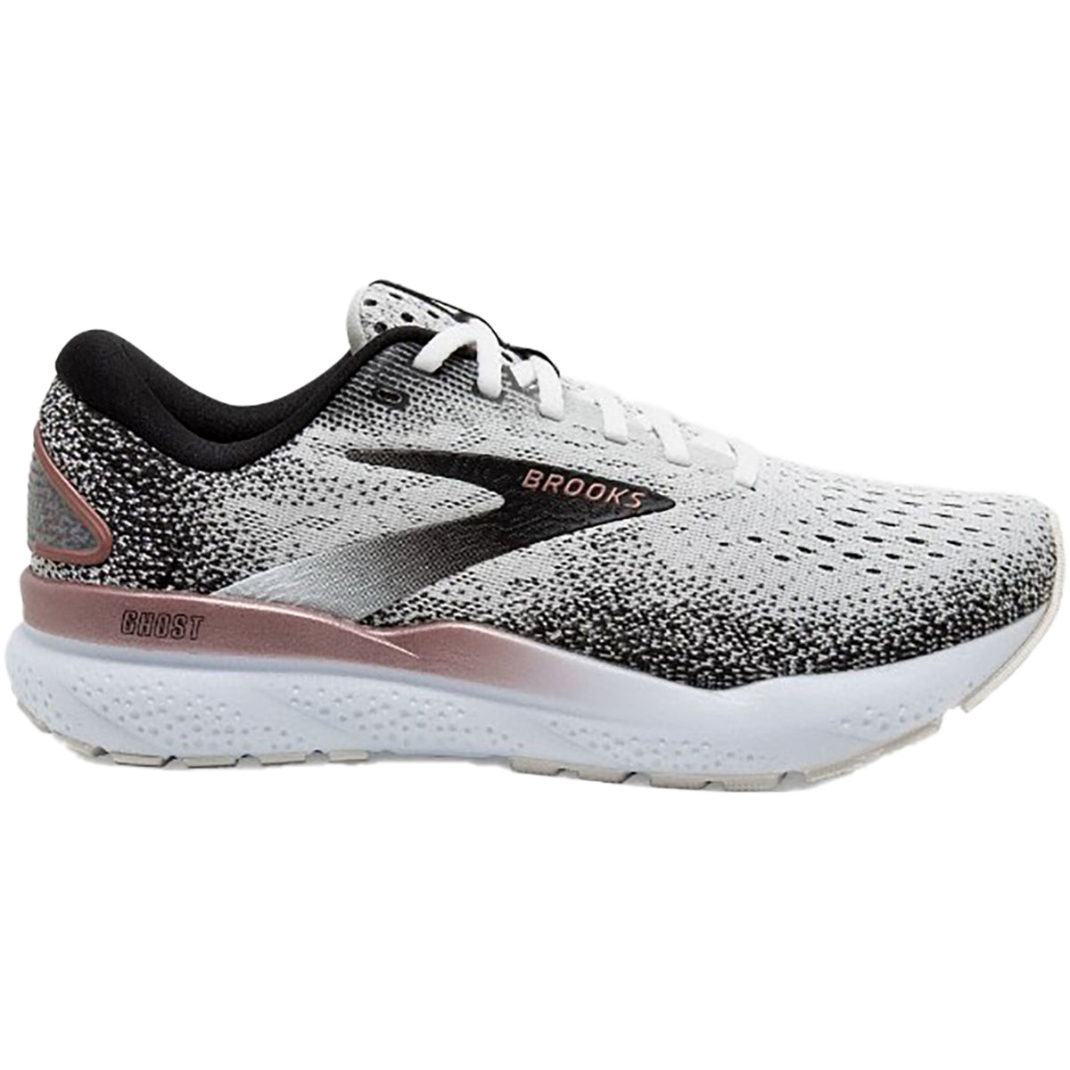 Side view on white background of Womens Brooks Ghost 17 running shoe in White/Black/Rose Gold, Wide width
