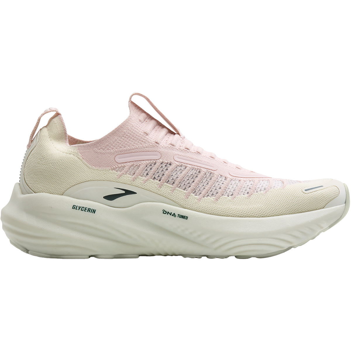 Side view on white background of Womens Brooks Glycerin 22 SE running shoe in Orchid Ice/Bluewash/Pine, Medium (Regular) width