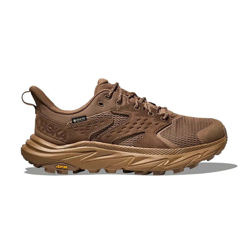 Side view on white background of Mens Hoka Anacapa 2 Low GTX running shoe in Rye/Bark, Wide width