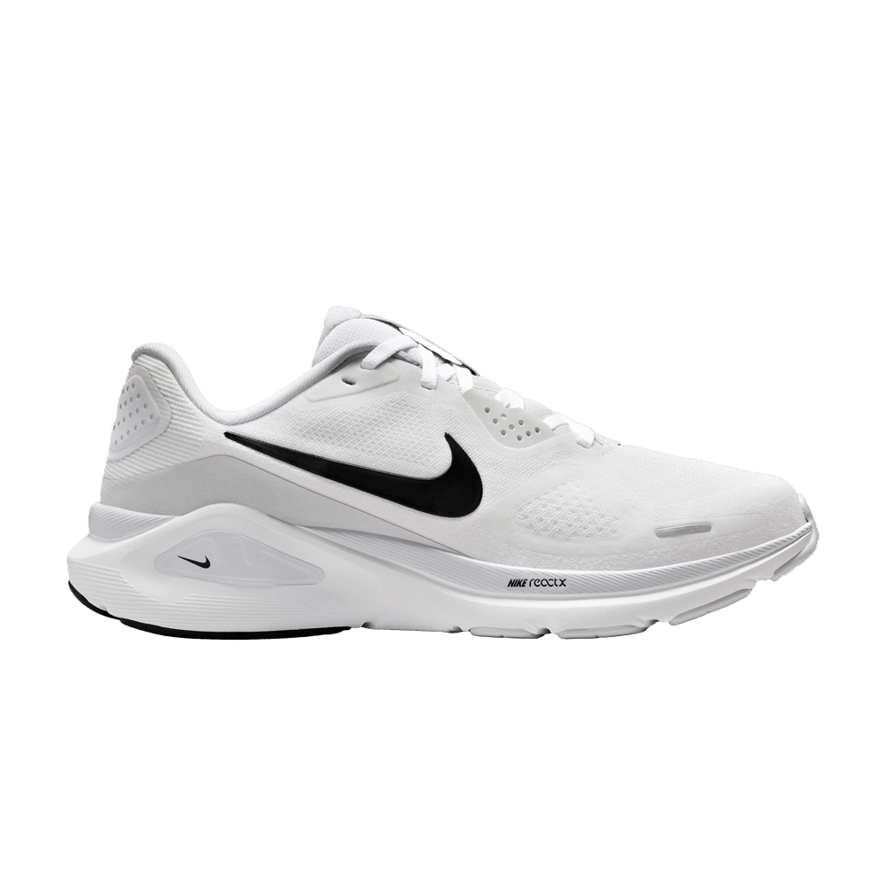 Side view on white background of Womens Nike Structure 26 running shoe in White/Black/Pure Platinum, Medium (Regular) width