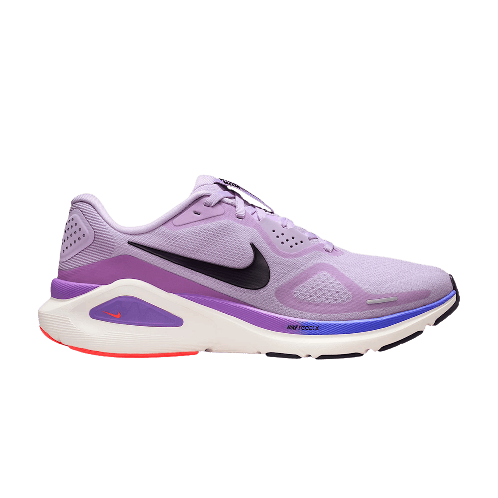 Side view on white background of Womens Nike Structure 26 running shoe in Violet Mist/Cave Purple/Bright Violet, Medium (Regular) width