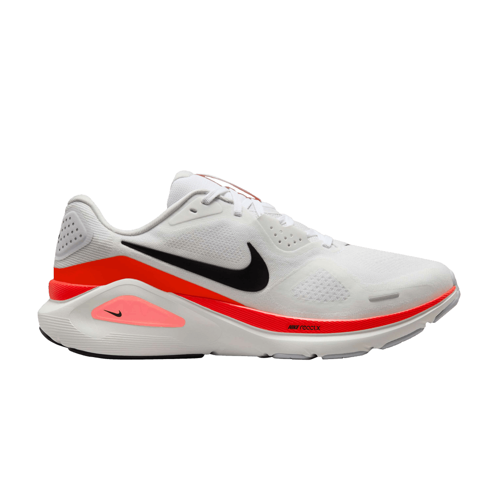 Side view on white background of Mens Nike Structure 26 running shoe in White/Black/Bright Crimson/Photon Dust, Medium (Regular) width