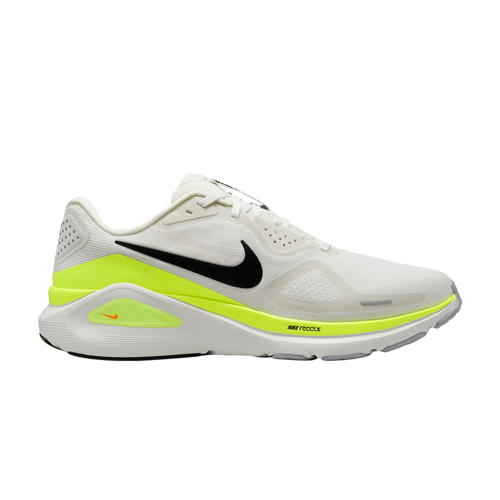 Side view on white background of Mens Nike Structure 26 running shoe in Summit White/Black Volt/Total Orange, Medium (Regular) width