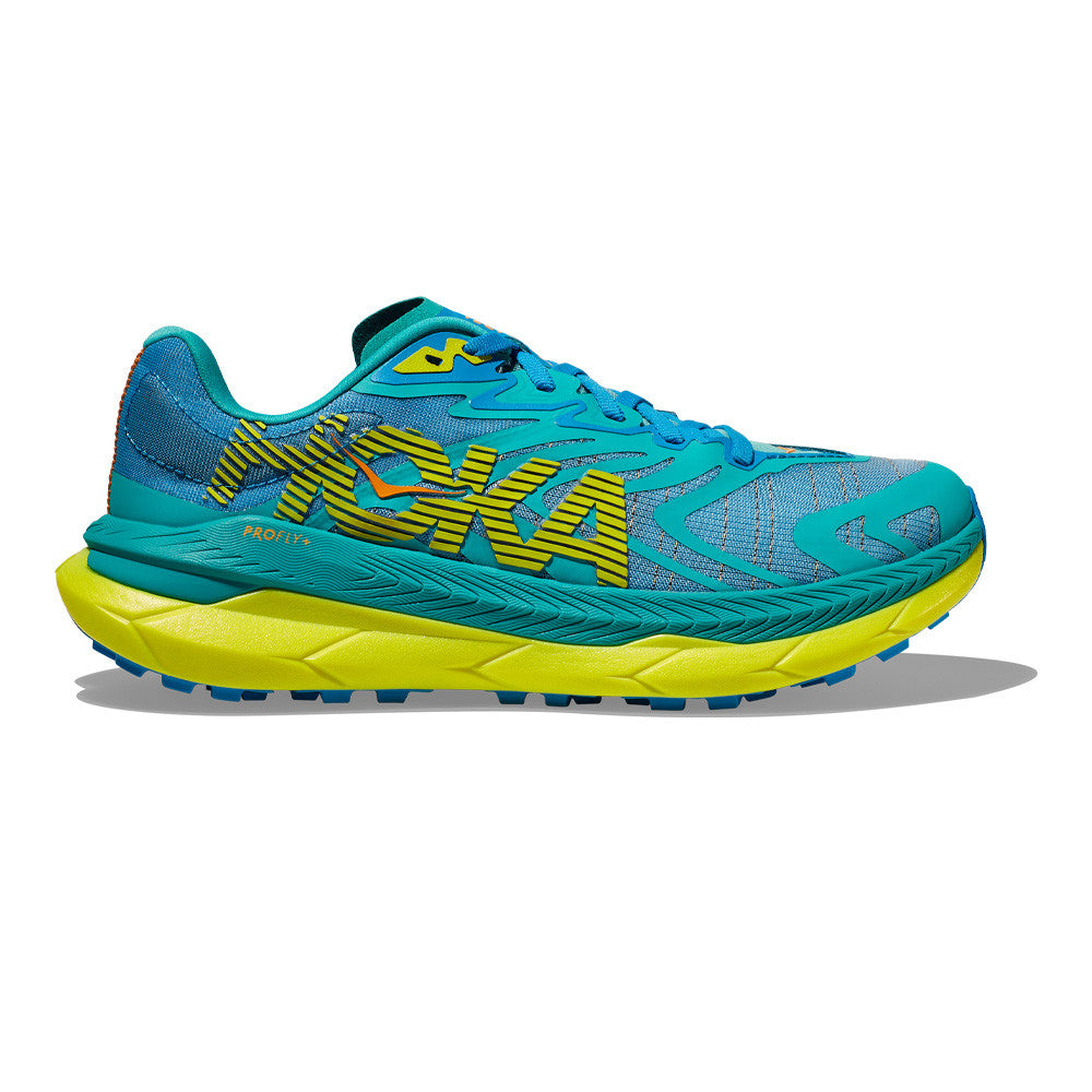 Side view on white background of Womens Hoka Tecton X 2 running shoe in Ceramic/Evening Primrose, Medium (Regular) width