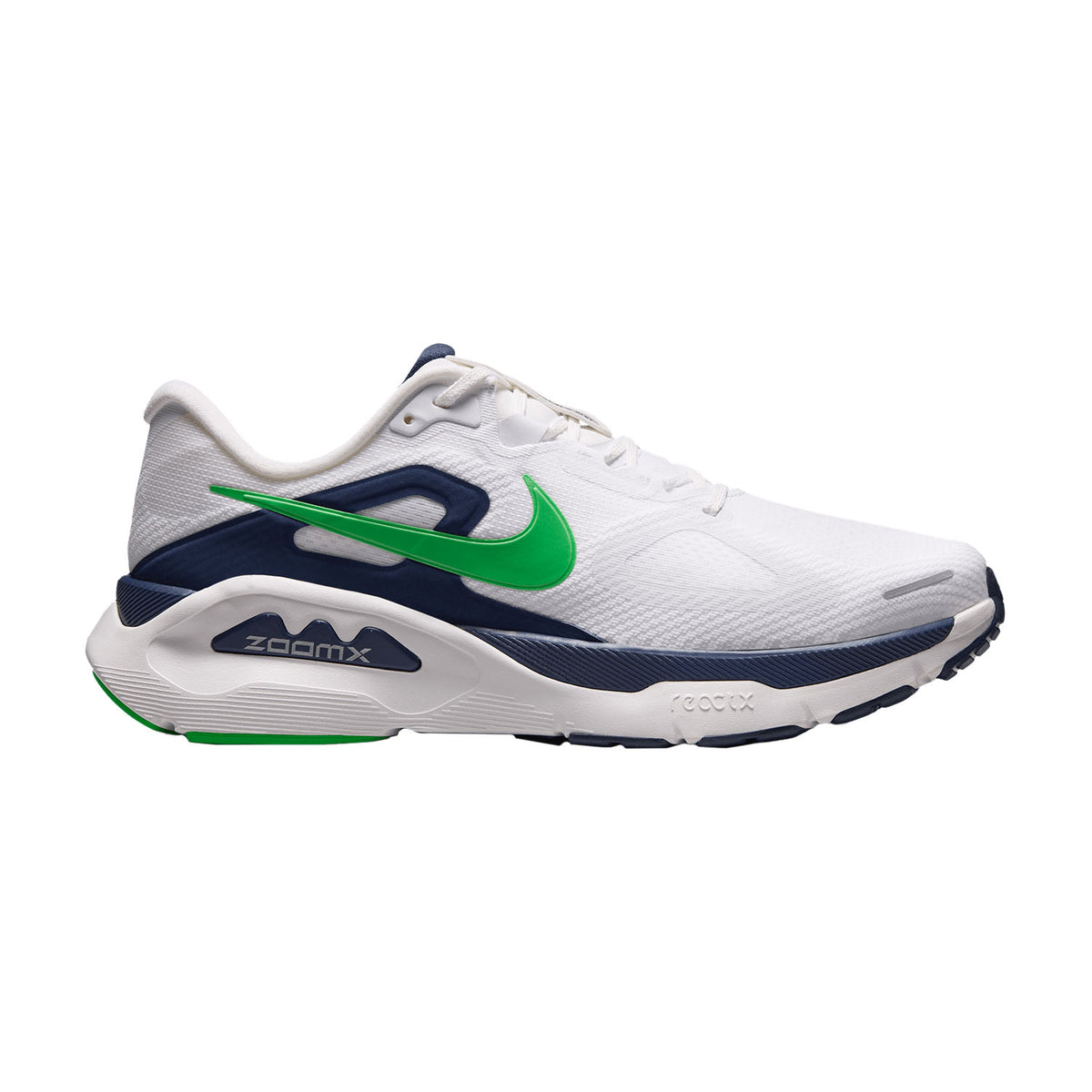Side view on white background of Mens Nike Structure Plus running shoe in White/Green Spark/Midnight Navy, Medium (Regular) width