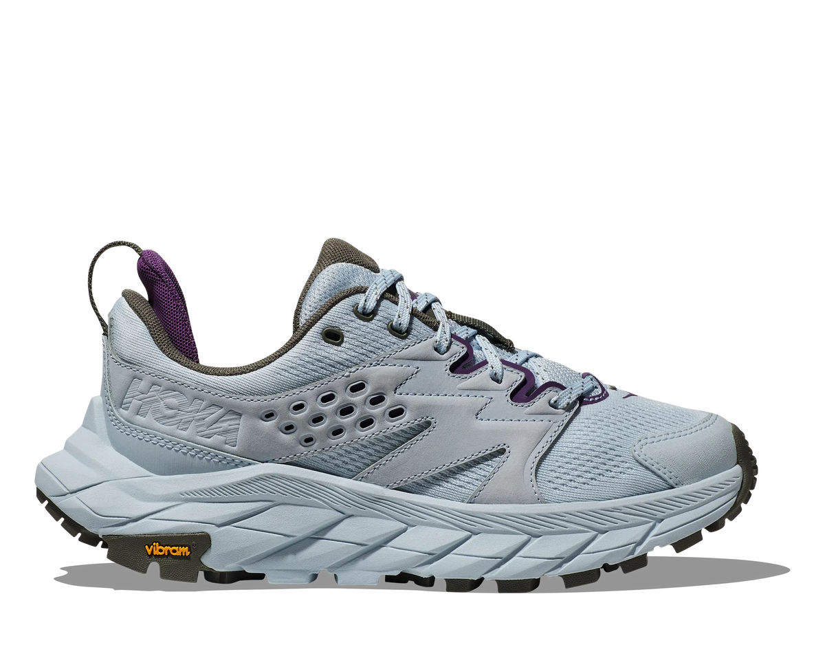 Side view on white background of Womens Hoka Anacapa Breeze Low running shoe in Illusion/Slate, Medium (Regular) width