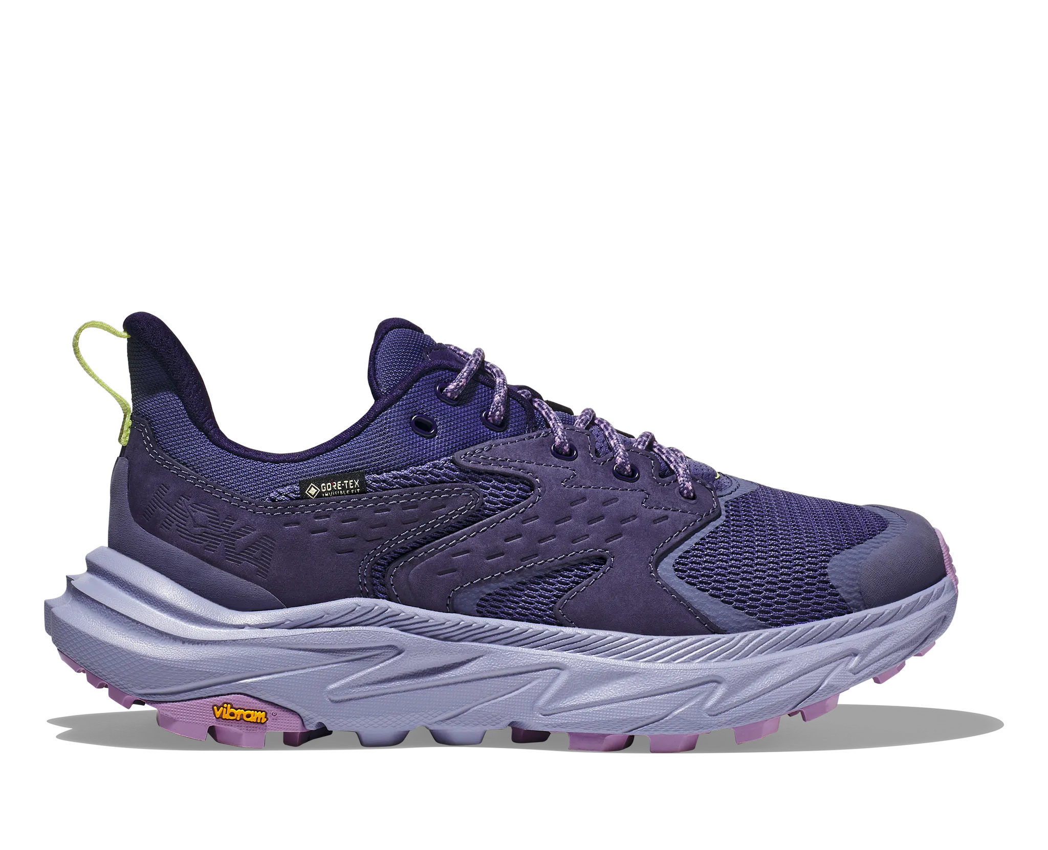 Side view on white background of Womens Hoka Anacapa 2 Low GTX running shoe in Meteor/Cosmic Sky, Medium (Regular) width