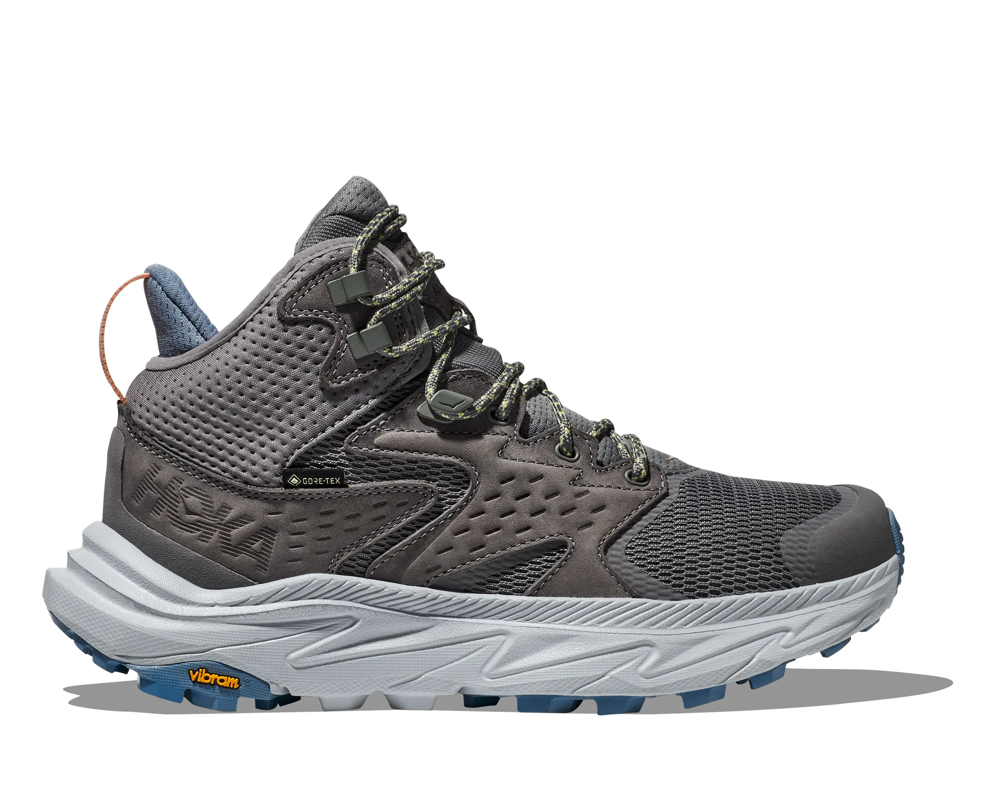 Side view on white background of Womens Hoka Anacapa 2 Mid GTX running shoe in Astral/Illusion, Medium (Regular) width