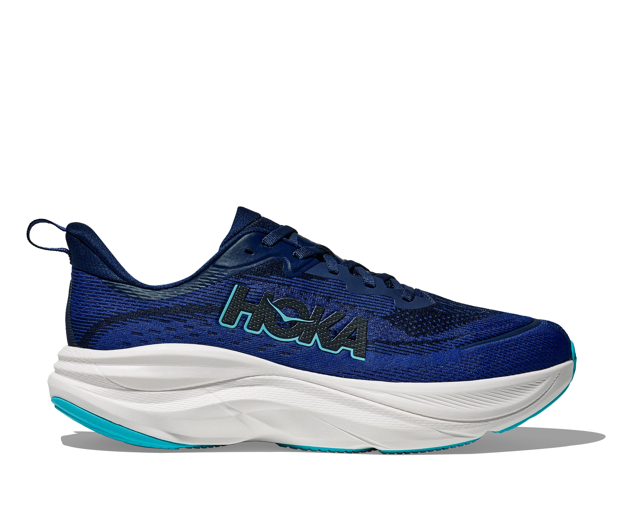 Side view on white background of Mens Hoka Skyflow running shoe in Midnight Blue/Night Sky, Medium (Regular) width