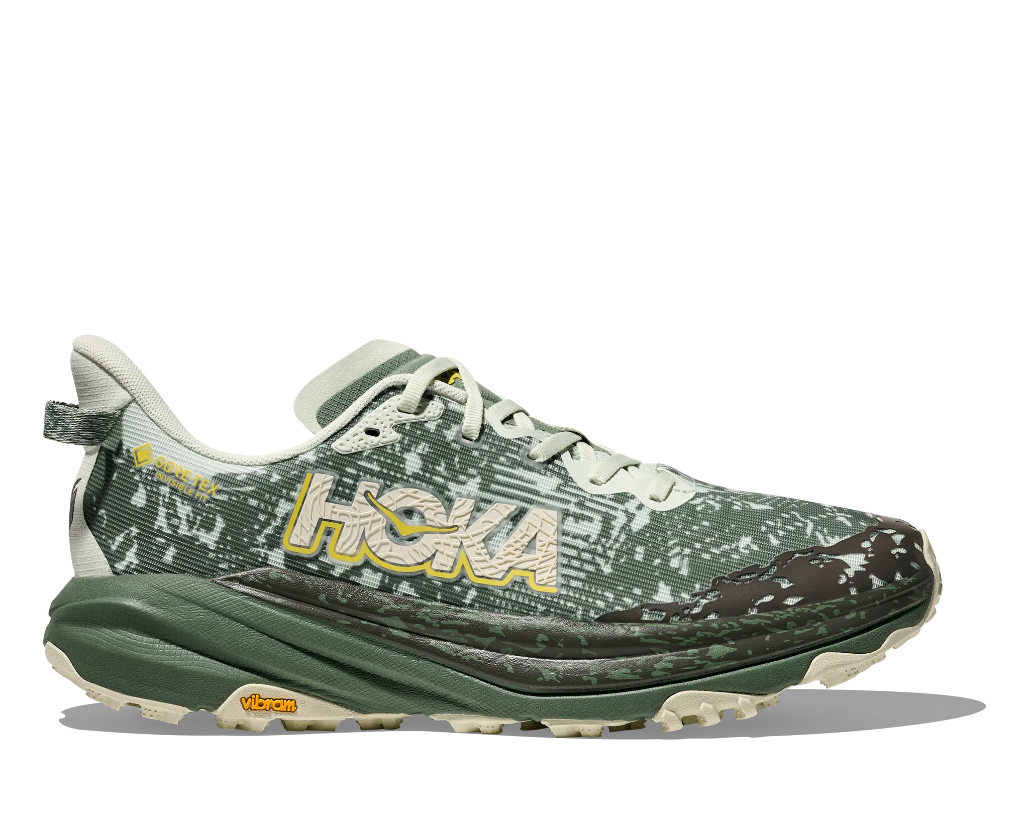 Side view on white background of Mens Hoka Speedgoat 6 GTX running shoe in Sea Glass/Fern, Medium (Regular) width