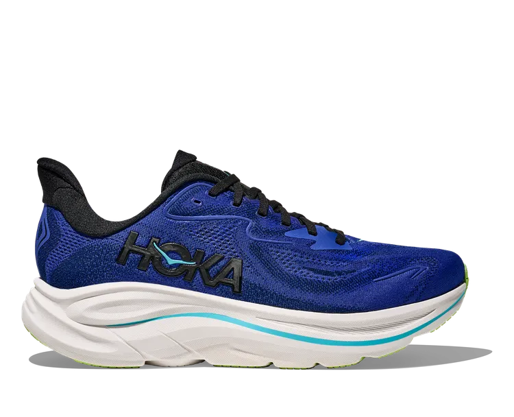 Side view on white background of Mens Hoka Clifton 10 running shoe in Night Sky/Midnight Blue, Medium (Regular) width